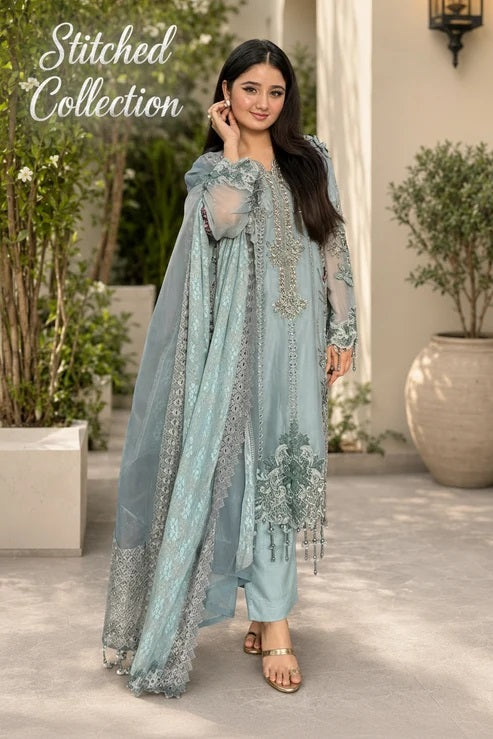 Maria B Luxury Embroidered Chiffon 3Pc Unstitched / Stitched Suit MPC - 26 - 106 - Slate Blue PA-115